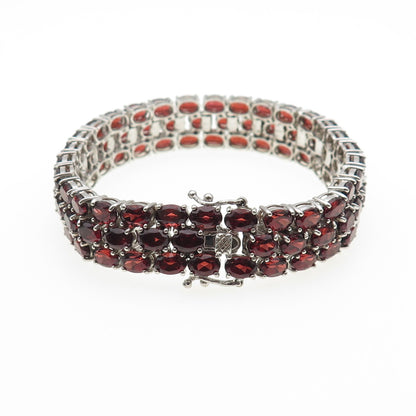 925 Sterling Silver Vintage Real Oval-Cut Red Garnet 3-Row Link Bracelet 7.5"
