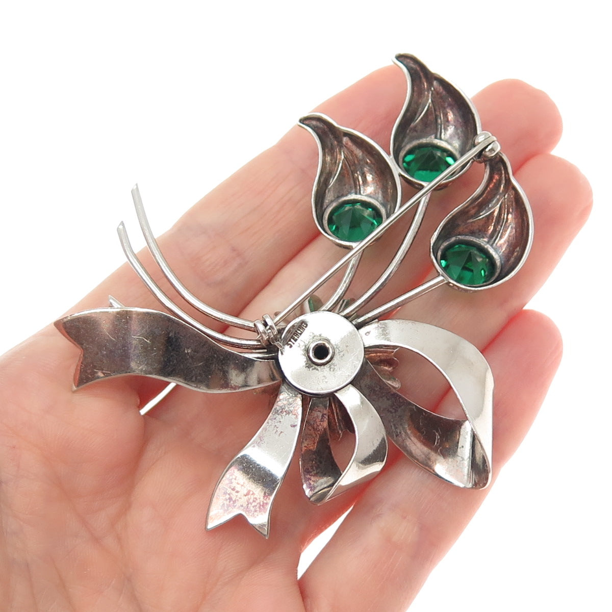 925 Sterling Silver Antique Art Deco Green Rhinestone Floral Leaf Bow Pin Brooch