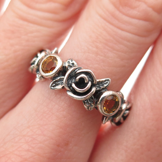 OR PAZ PZ Sterling Silver Vintage Real Citrine Rose Flower Oxidized Ring Size 8