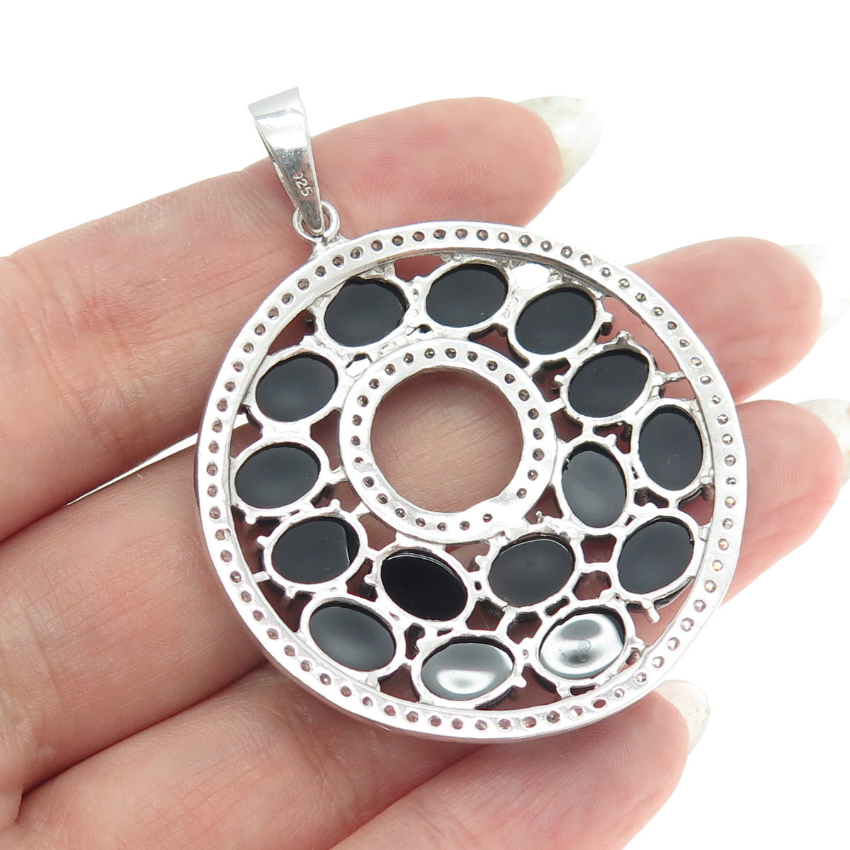 925 Sterling Silver Real Black Onyx & C Z Round Cluster Pendant