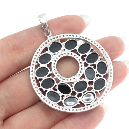 925 Sterling Silver Real Black Onyx & C Z Round Cluster Pendant