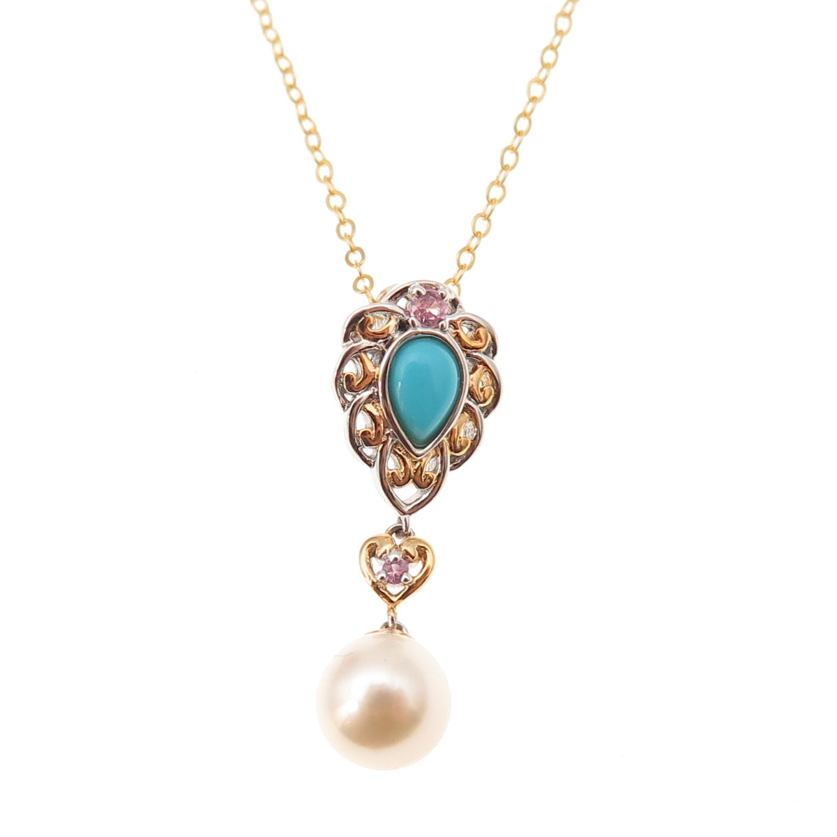 925 Sterling Silver Gold Plated Real Turquoise Pink Topaz & Pearl Necklace 18"