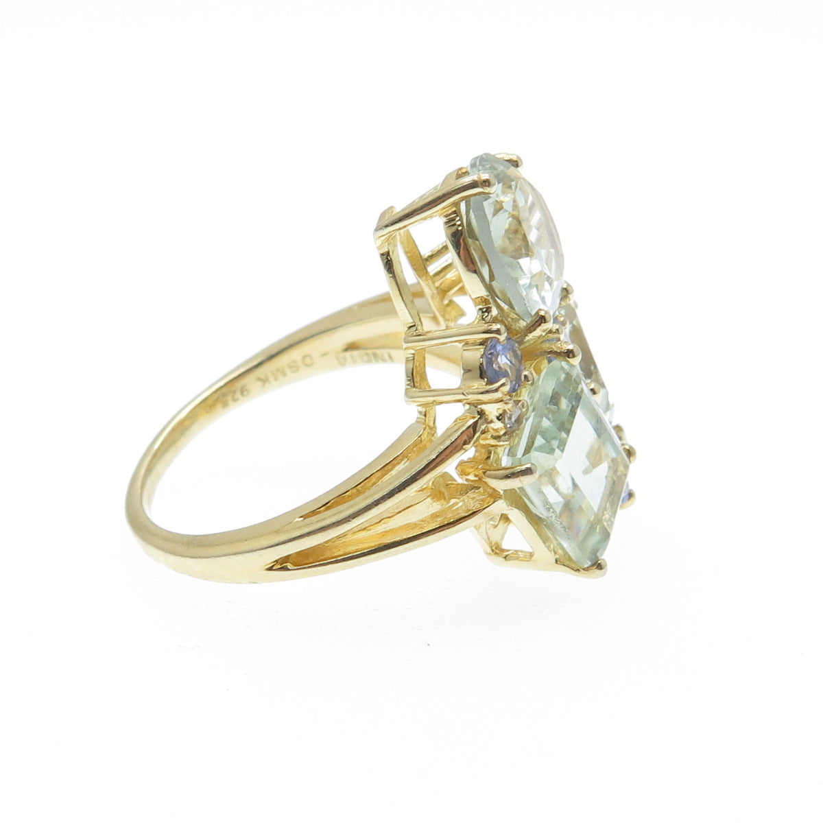 DSMK 925 Sterling Gold Plated Diamond Green Amethyst & Tanzanite Ring Size 7.75
