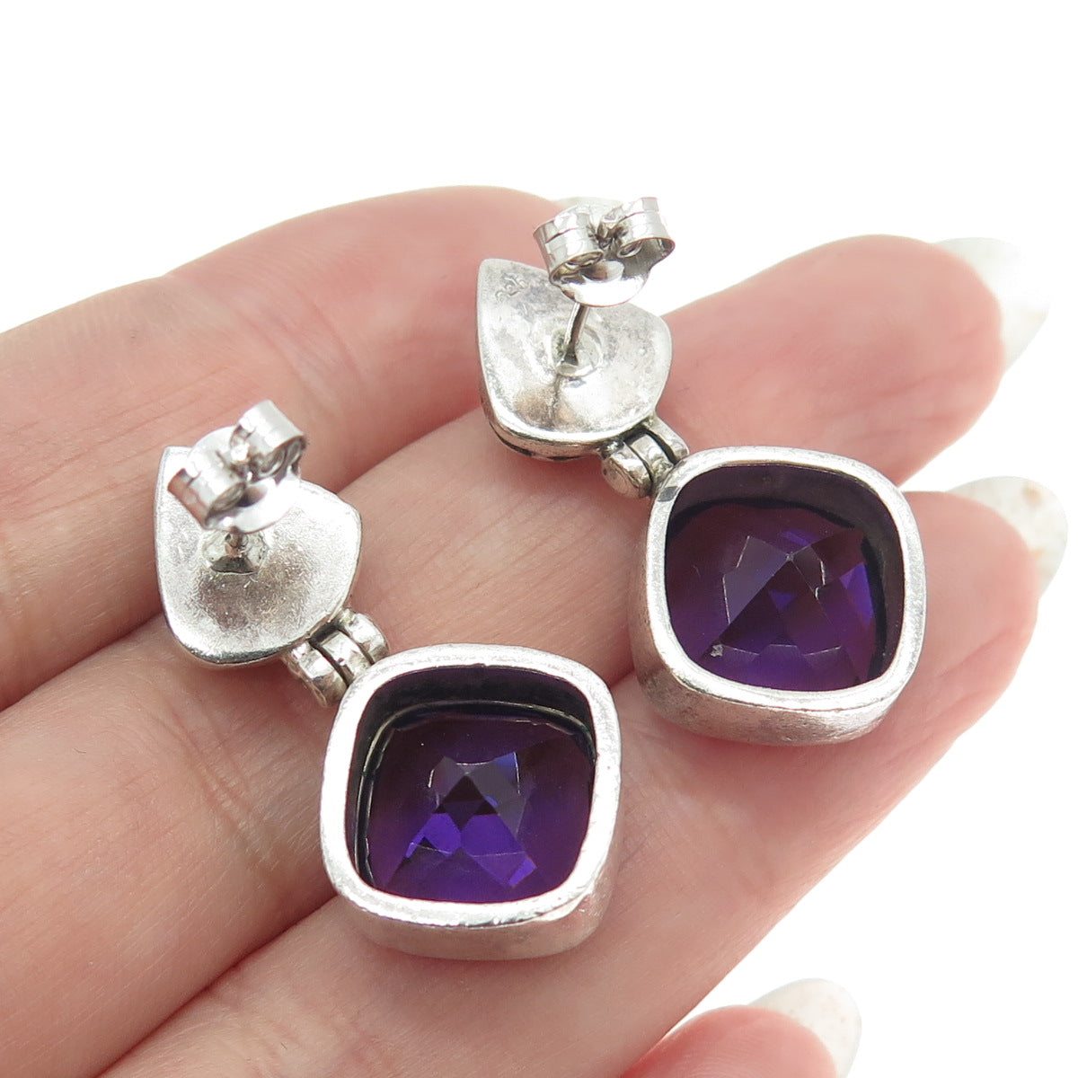 925 Sterling Silver Vintage Real Cushion-Cut Amethyst Ornate Dangling Earrings