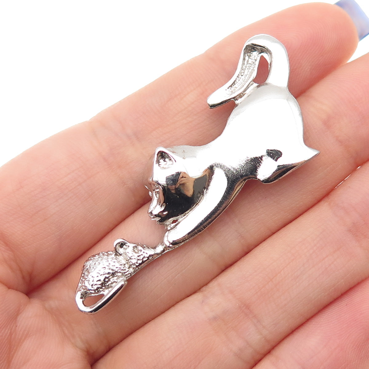 925 Sterling Silver Vintage Playing Cat & Mouse Pin Brooch
