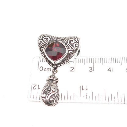 925 Sterling Silver Vintage Real Red Garnet Ornate Heart Slide Dangle Pendant