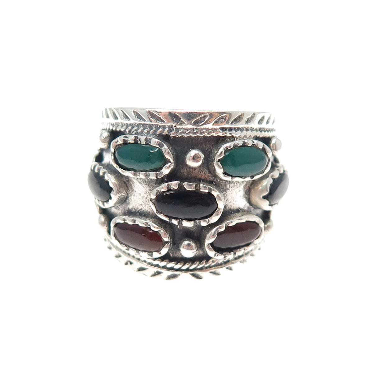 925 Sterling Silver Vintage Real Black & Green Onyx Carnelian Ring Size 9.25