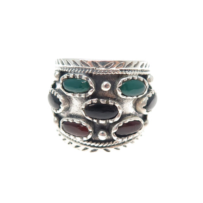925 Sterling Silver Vintage Real Black & Green Onyx Carnelian Ring Size 9.25