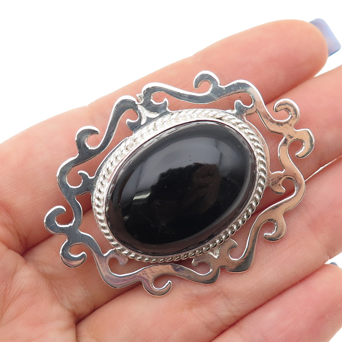 925 Sterling Silver Vintage Mexico Real Black Onyx Swirl Pin Brooch / Pendant