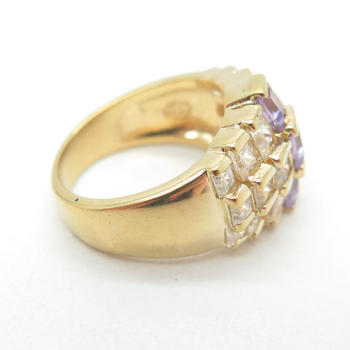925 Sterling Silver Gold Plated Real Princess-Cut Amethyst & C Z Ring Size 4.75