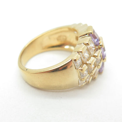 925 Sterling Silver Gold Plated Real Princess-Cut Amethyst & C Z Ring Size 4.75