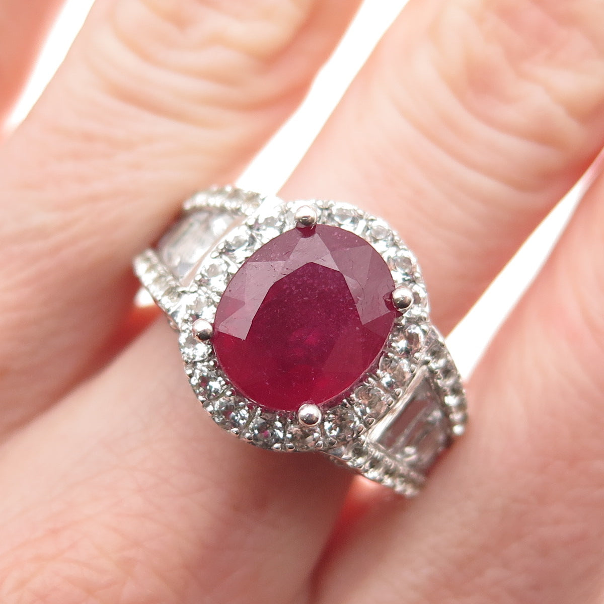 Chuck Clemency 925 Sterling Silver Real Ruby & White Topaz Ring Size 8
