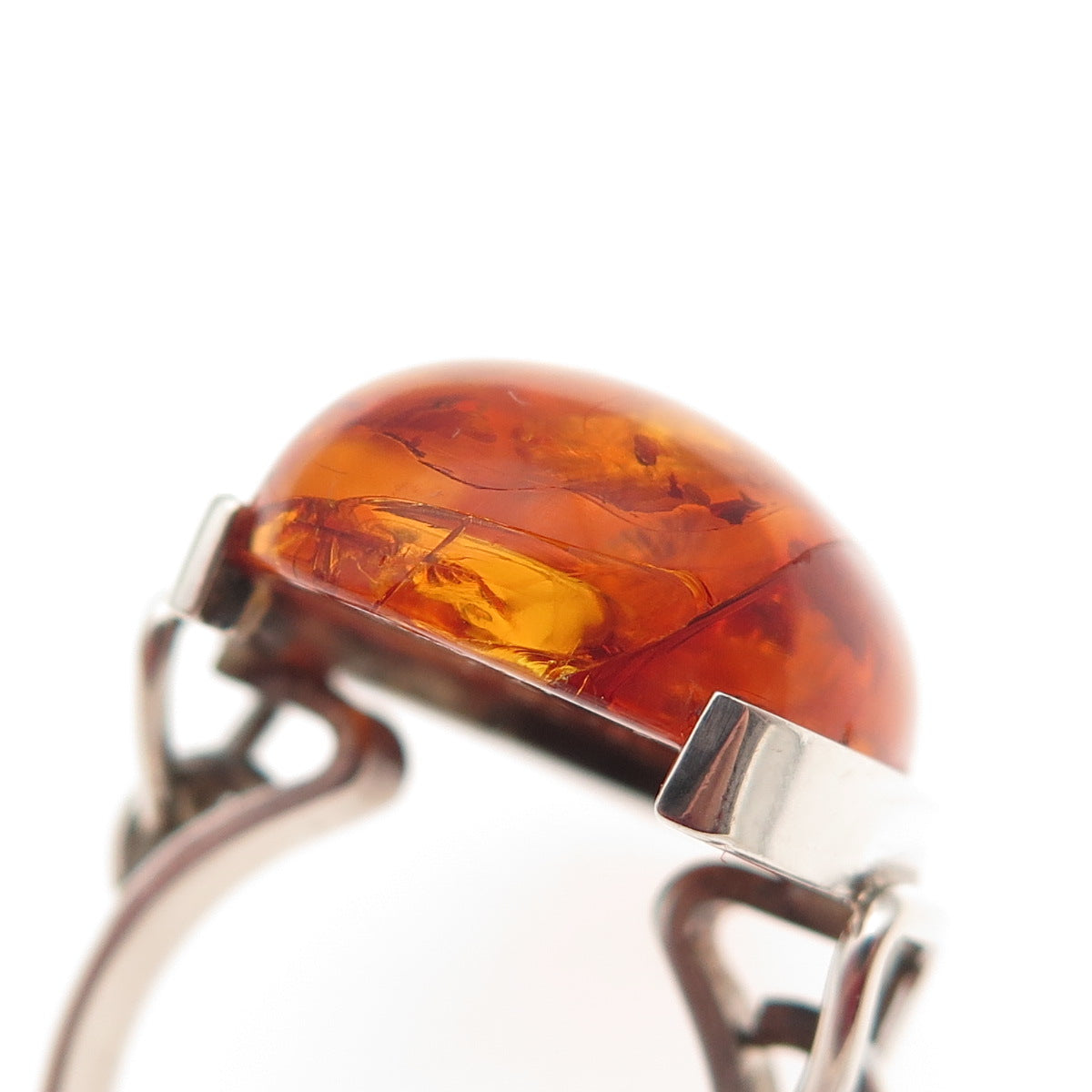 925 Sterling Silver Vintage Real Cabochon Amber Modernist Ring Size 8