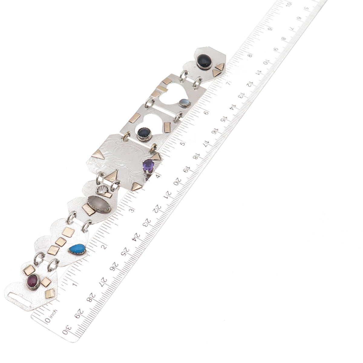 925 Sterling Silver Gold Filled Vintage Real Multi-Gem Modernist Bracelet 7.25"