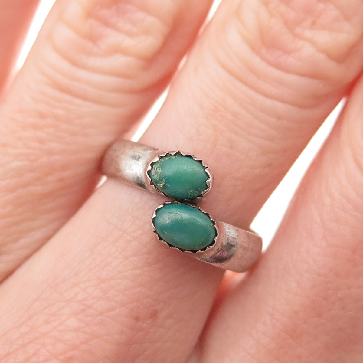Old Pawn 925 Sterling Silver Vintage Turquoise Adjustable Bypass Ring Size 7.25