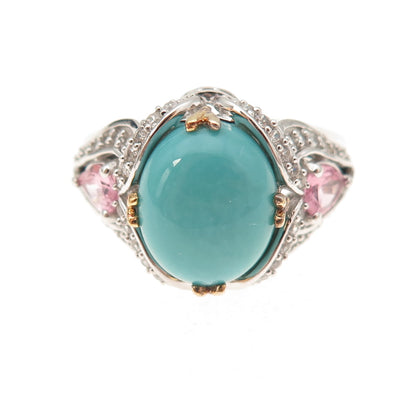 925 Sterling Silver 2-Tone Real Turquoise Pink & White Topaz Ring Size 8.25