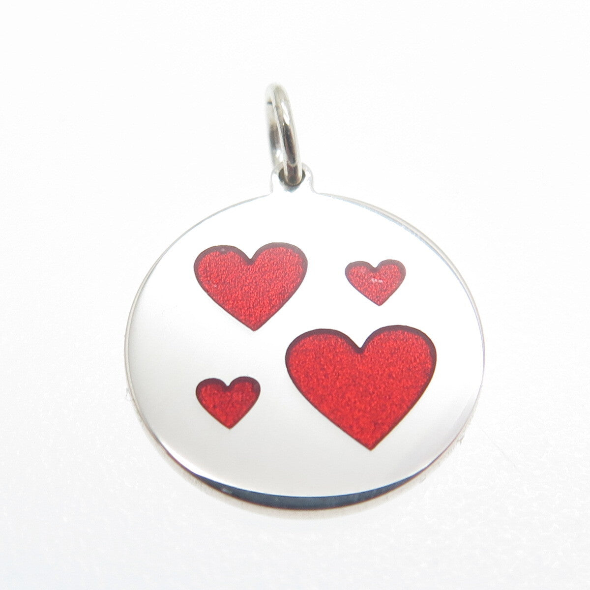 925 Sterling Silver Red Enamel Family Hearts Round Tag Minimalist Charm Pendant