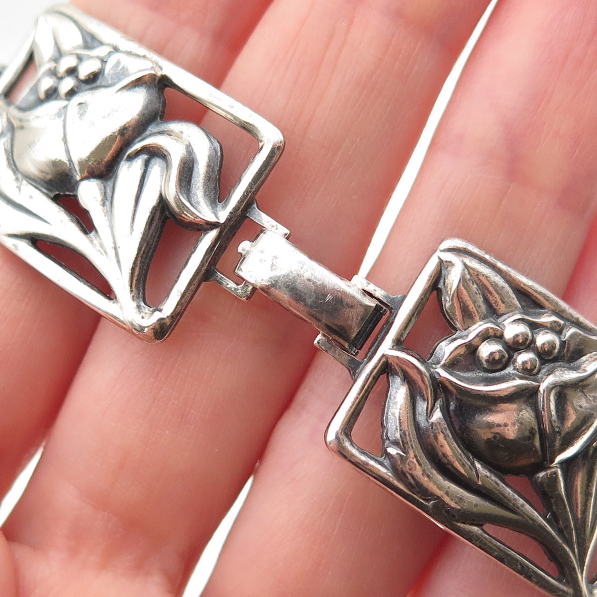 Danecraft Sterling Silver Antique Art Deco Floral Link Oxidized Bracelet 7.25"