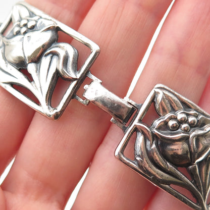 Danecraft Sterling Silver Antique Art Deco Floral Link Oxidized Bracelet 7.25"