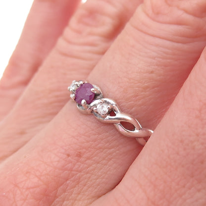 925 Sterling Silver Vintage Real Ruby & C Z Woven Band Ring Size 7