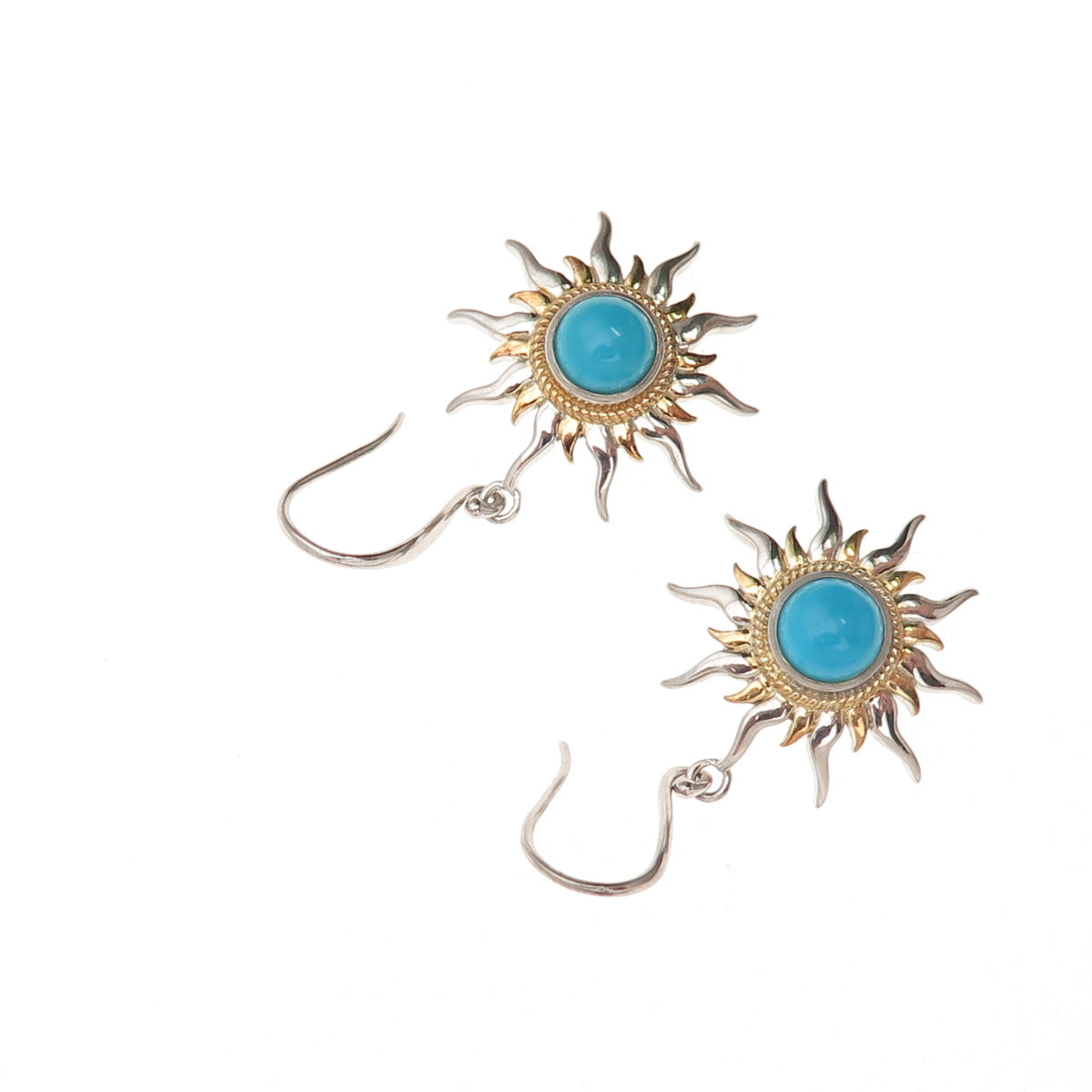 925 Sterling Silver 2-Tone Real Sleeping Beauty Turquoise Sun Dangle Earrings