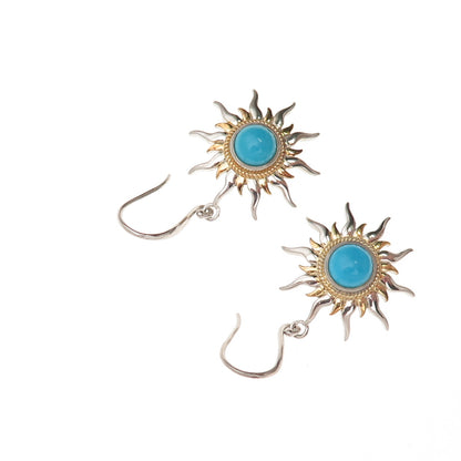 925 Sterling Silver 2-Tone Real Sleeping Beauty Turquoise Sun Dangle Earrings