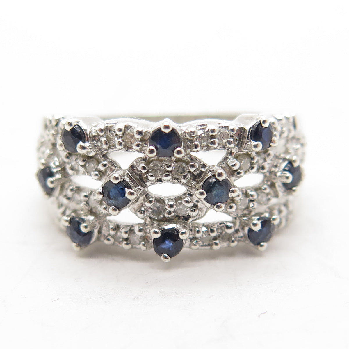 925 Sterling Silver Real Round-Cut White Diamond & Blue Sapphire Ring Size 5.75