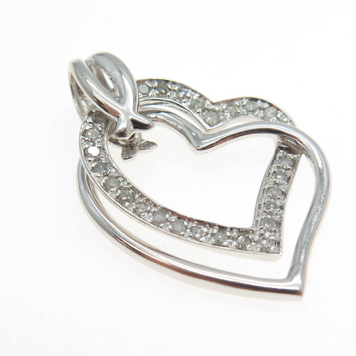 925 Sterling Silver Real Round-Cut Diamond Double Heart Pendant