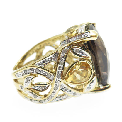 925 Sterling Silver Gold Plated Real Diamond Smoky Quartz & Citrine Ring Size 7