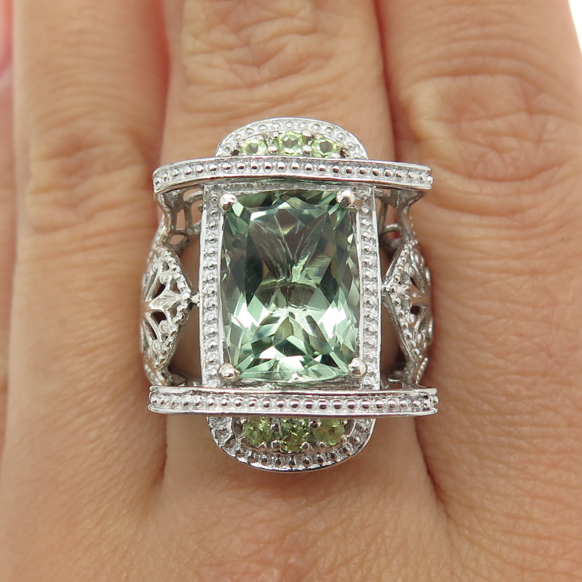 CHUCK CLEMENCY 925 Sterling Silver Real Green Topaz & Peridot Ring Size 8