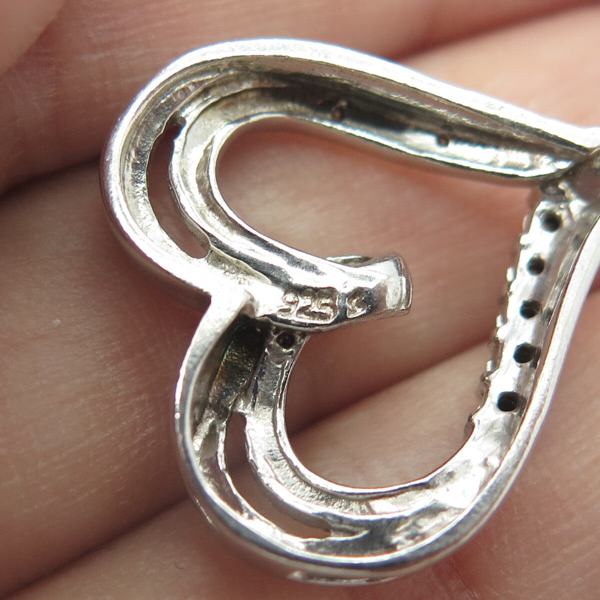 925 Sterling Silver Real White Diamond Open Heart Slide Pendant
