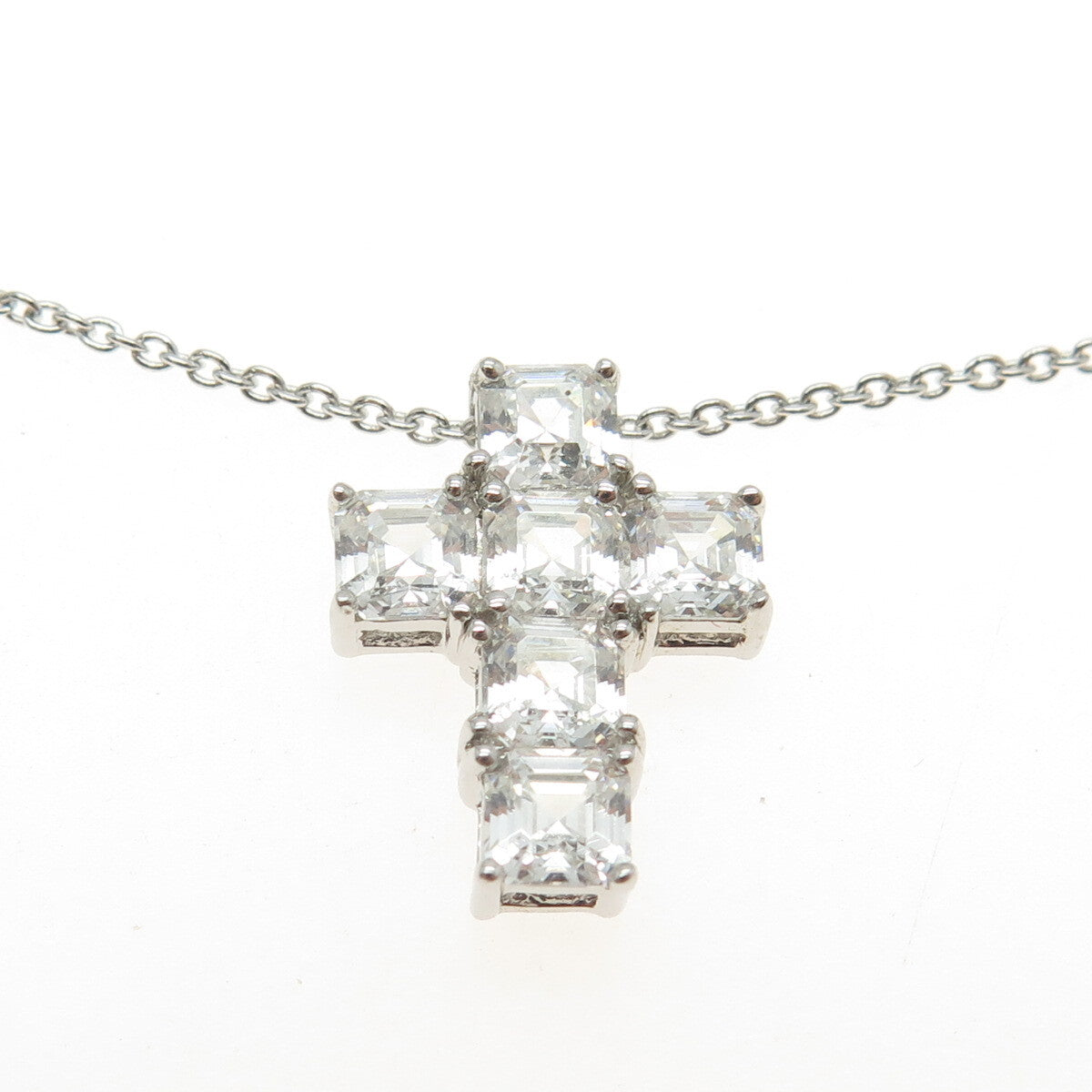 925 Sterling Silver Princess-Cut Shaped C Z Cross Rolo Chain Necklace 16-18"