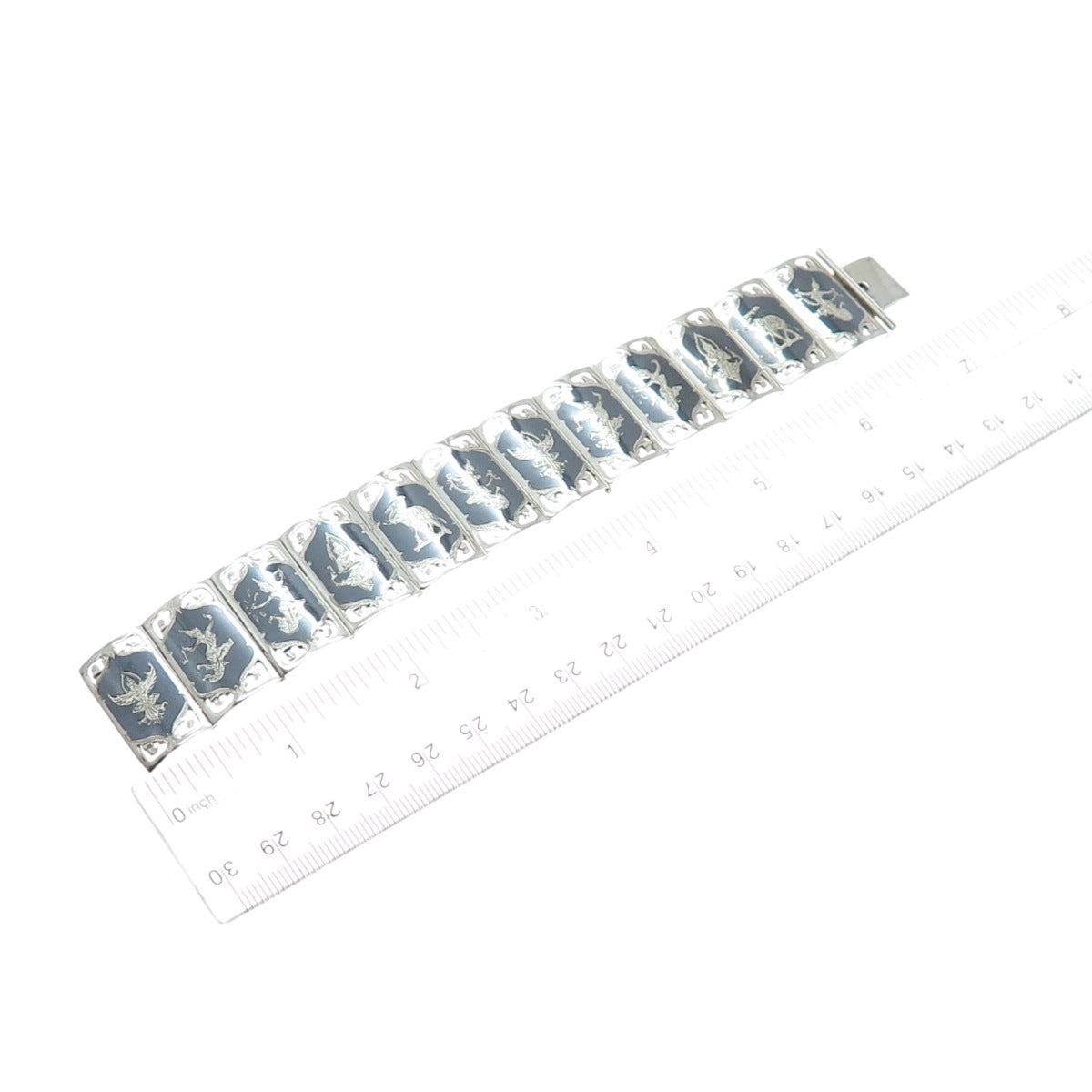 925 Sterling Silver Antique Siam Niello Hindu Goddess Panel Link Bracelet 6.75"