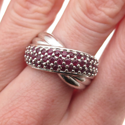 CNA Pranda 925 Sterling Silver Real Round-Cut Ruby Crisscross Ring Size 8