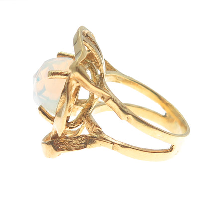 925 Sterling Silver Gold Plated Real Opalite Gem Modernist Wide Ring Size 8.5