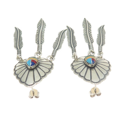 WHEELER MFG 925 Sterling Silver Vintage Southwestern Multi-Gem Feather Earrings