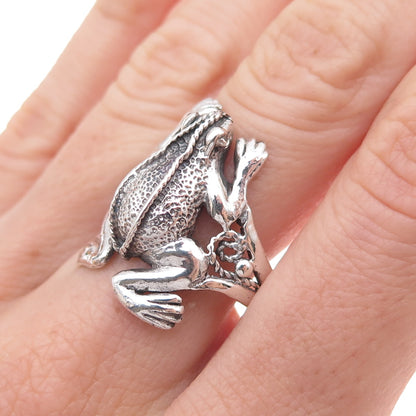 925 Sterling Silver Vintage Frog Good Luck Oxidized Ring Size 9.75