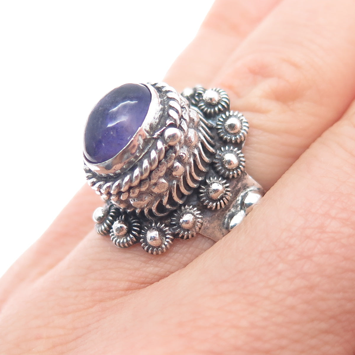 925 Sterling Silver Vintage Mexico Real Amethyst Adjustable Poison Ring Size 7