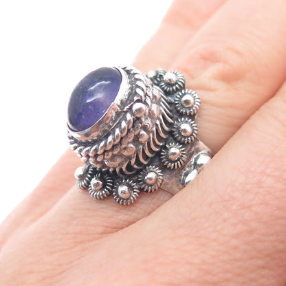 925 Sterling Silver Vintage Mexico Real Amethyst Adjustable Poison Ring Size 7