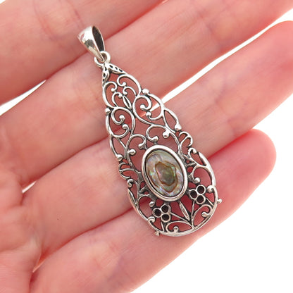 Nevada Sterling Silver Vintage Real Abalone Shell Floral Scroll Charm Pendant