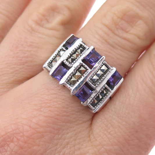 925 Sterling Silver Vintage Real Amethyst & Marcasite Modernist Ring Size 7.75