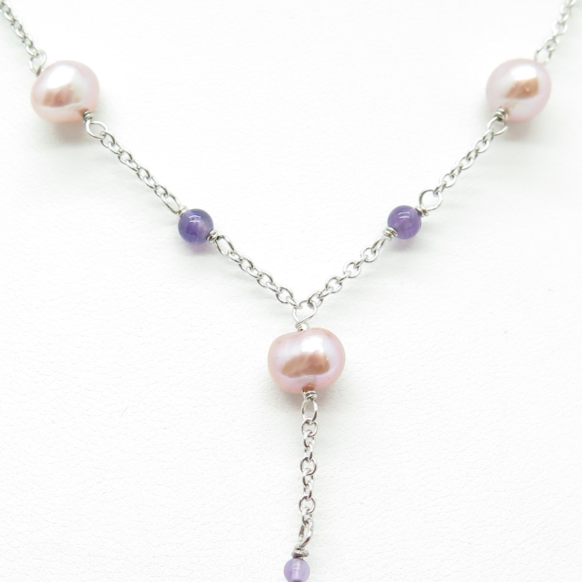 VAR 925 Sterling Silver Real Pearl & Amethyst Cable Chain Necklace 16-18"