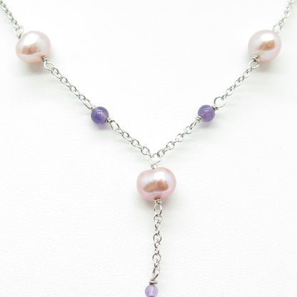 VAR 925 Sterling Silver Real Pearl & Amethyst Cable Chain Necklace 16-18"