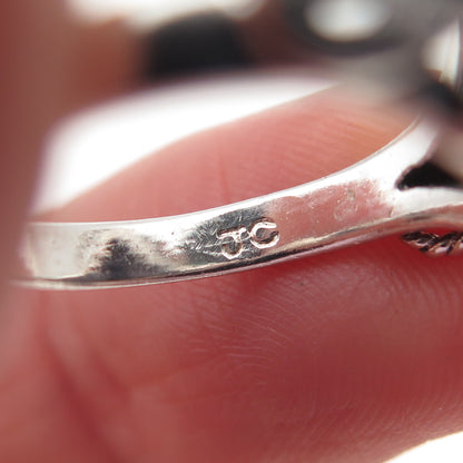 925 Sterling Silver Vintage Real Black Onyx Feather Beaded Oxidized Ring Size 7