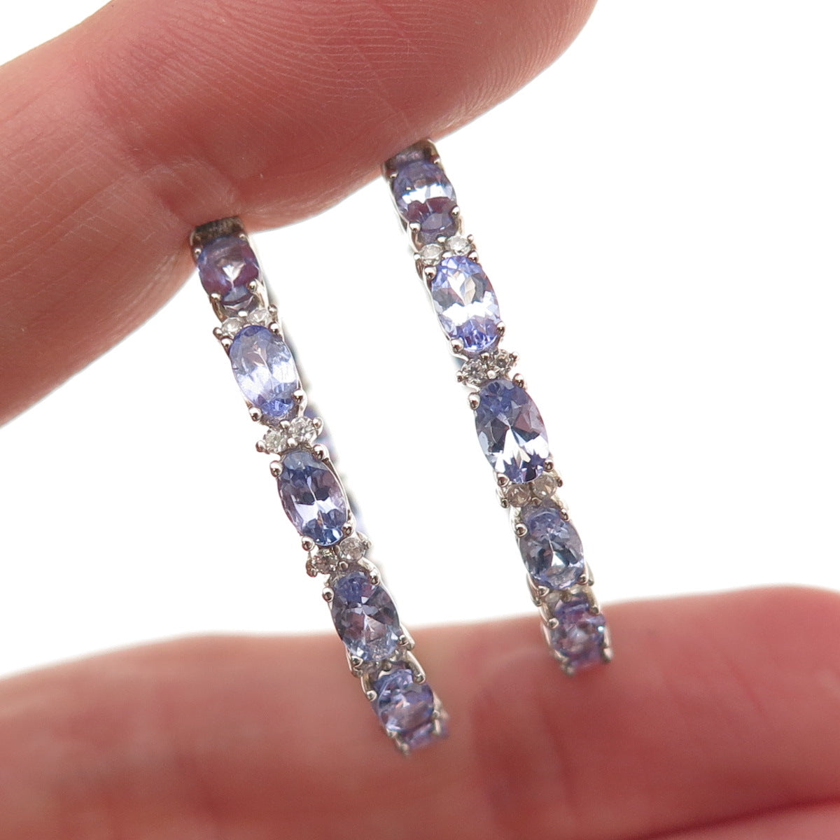 925 Sterling Silver Real Tanzanite White Topaz In & Out Hoop Earrings