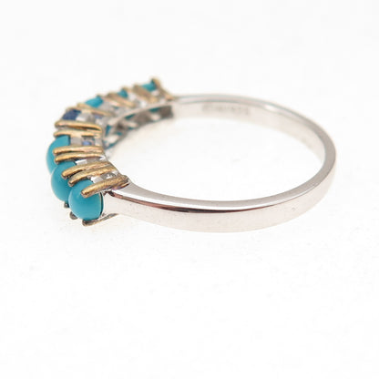 925 Sterling Silver 2-Tone Real Sapphire & Sleeping Beauty Turquoise Ring Size 8