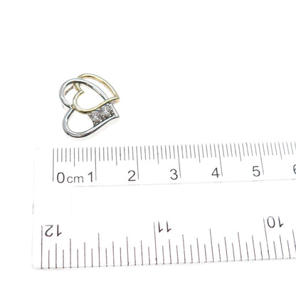 925 Sterling Silver 2-Tone Round-Cut C Z Double Heart Minimalist Slide Pendant