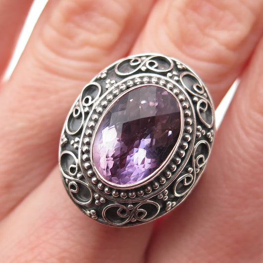 925 Sterling Silver Vintage Real Amethyst Swirl Granulated Ring Size 7.5