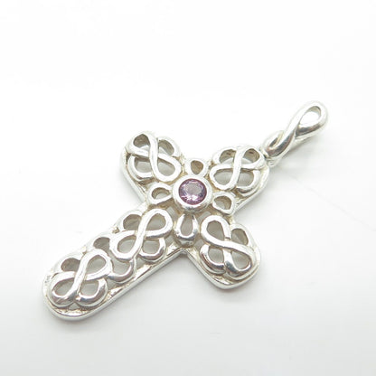 925 Sterling Silver Vintage Real Amethyst Gemstone Ornate Cross Pendant