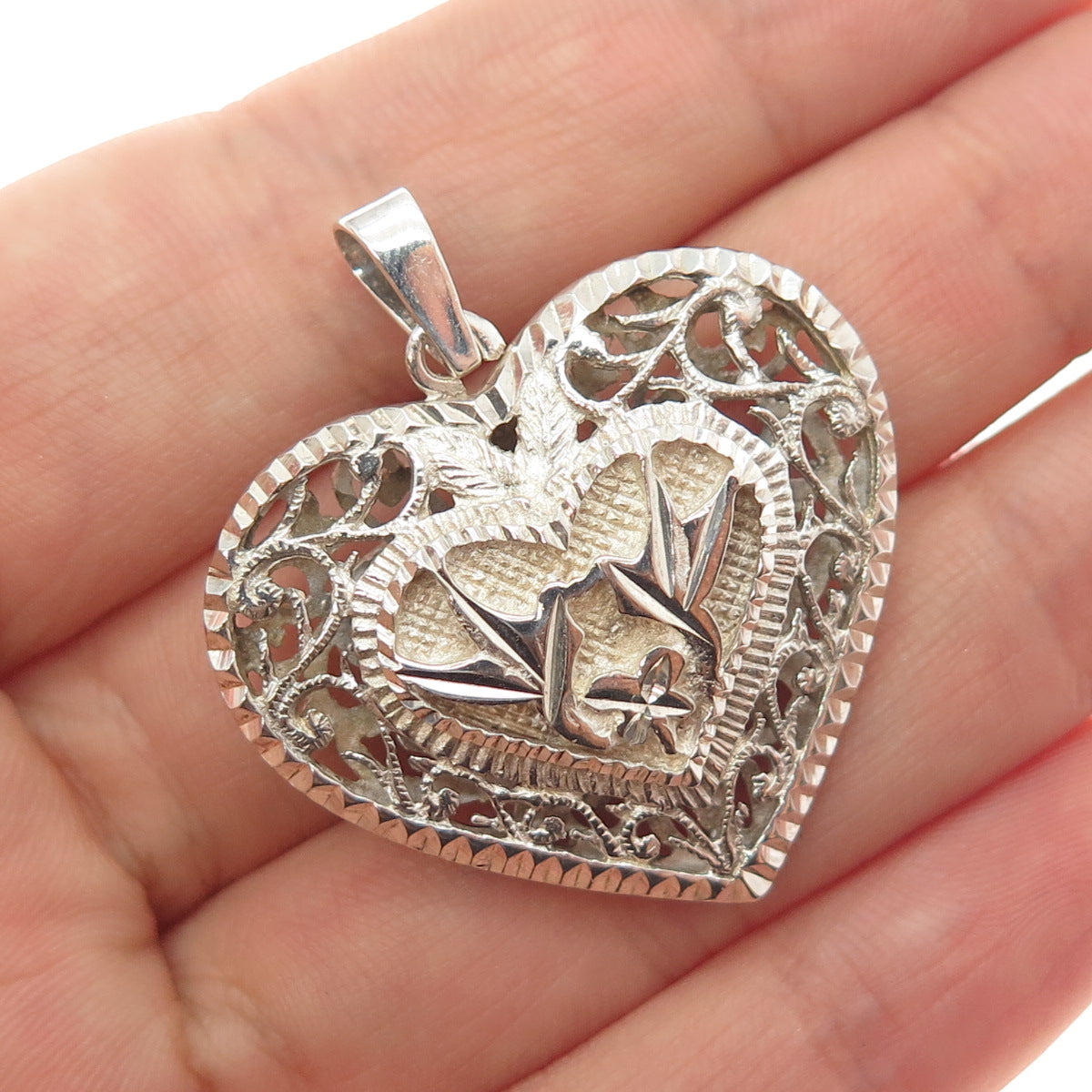925 Sterling Silver Vintage Floral Heart Charm Pendant